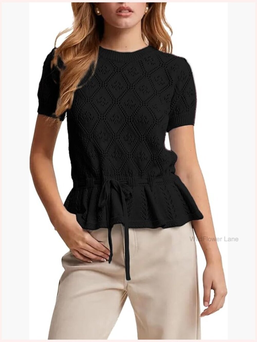 Puff Sleeve Peplum Blouse Adjustable Tie-Waist Pointelle Knit Top